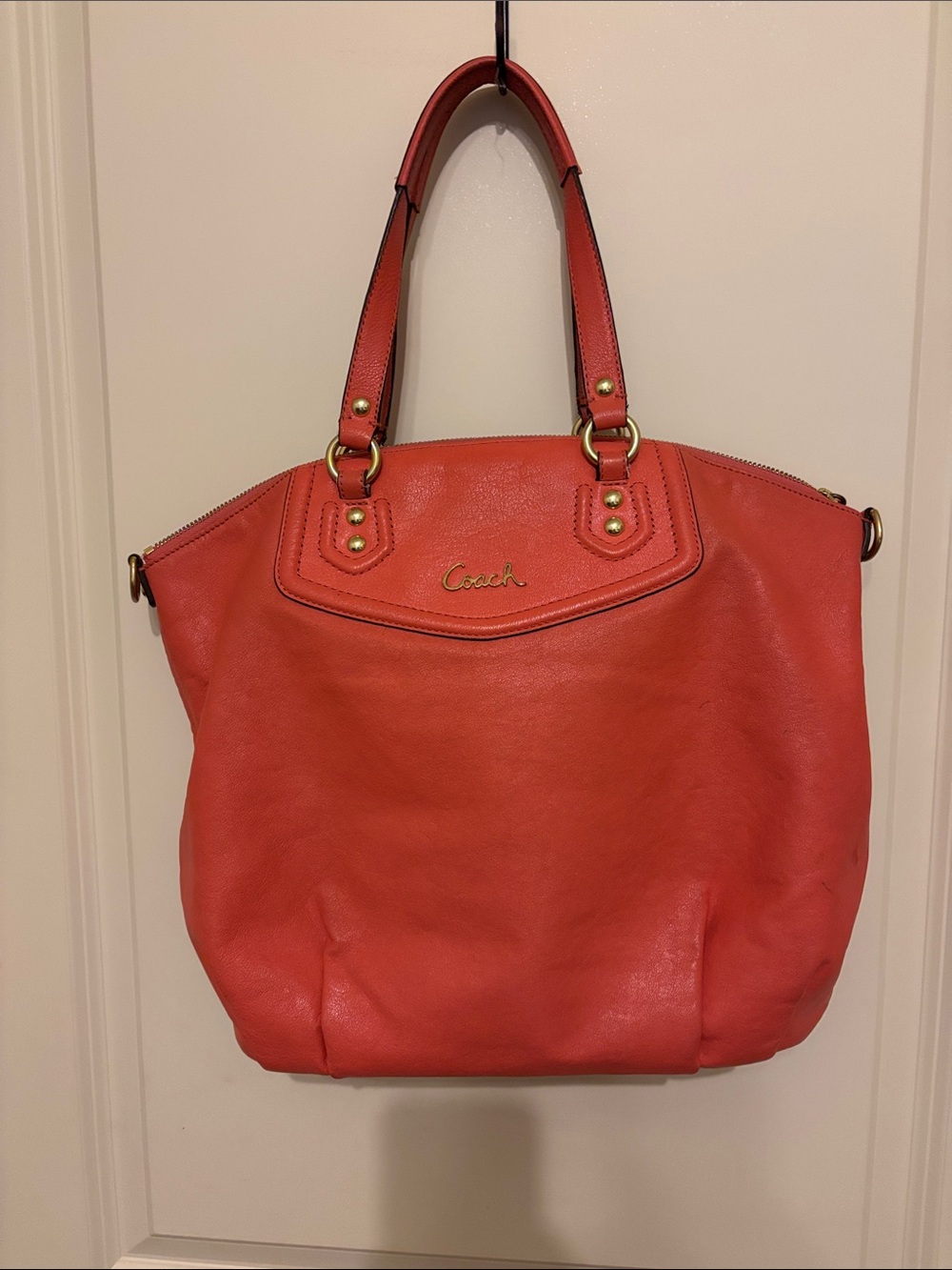Coach Coral Leather Shoulder Tote with Gold Hardware